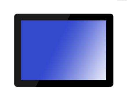 Digital tablet with blue screen on white background