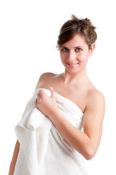 Woman with a towel around her body, isolated on a white background