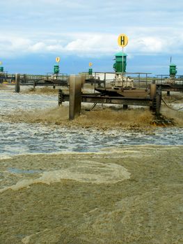 Werribee, Australia - September 23, 2005: Sewage is broken down in a pond at the Western Treatment Plant near Werribee, Australia.  This sewage treatment plant began operating in 1897 and treats a significant portion of Melbourne's sewage.