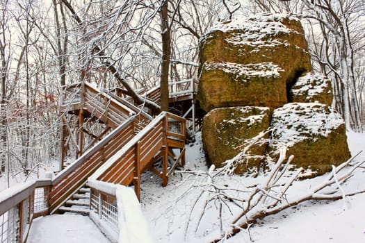 Boardwalk through a snow covered forest of northern Illinois.