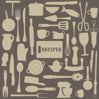 Illustration of many kitchen related items with the word recipes on a chopping board in the middle