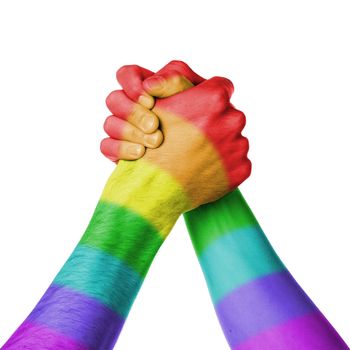 Man and woman in arm wrestlin, white background, rainbow flag pattern