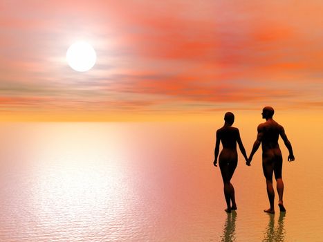 A man holding the hand of his girlfriend and walking to the sun upon the water by sunset