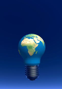 One light bulb showing earth map instead of transparent glass in deep blue background