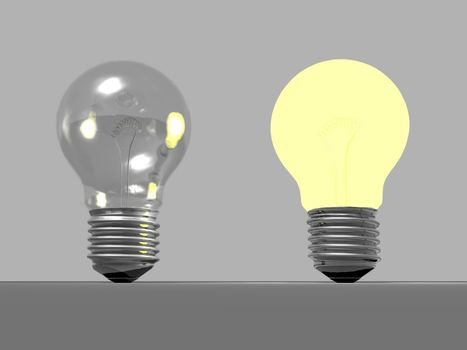 One light bulb off and another one on in grey background