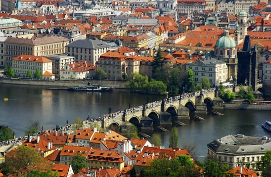 Prague city panorama with Charles bridge and river Vltava 