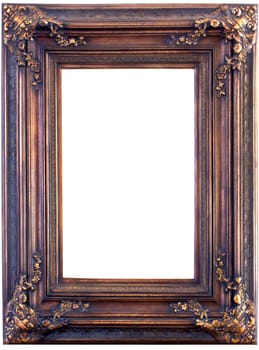 Antique look gold color picture frame isolated on white.