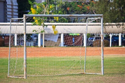 close up goal on soccer field