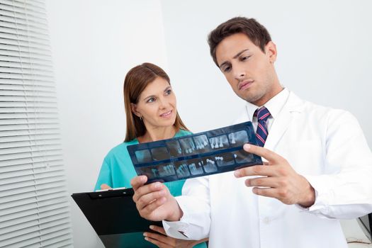 Dentist with dental nurse analyzing patient's X-ray report in clinic