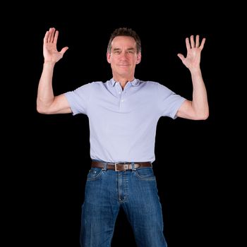 Happy Excited Middle Age Man Hands Raised in Air Black Background