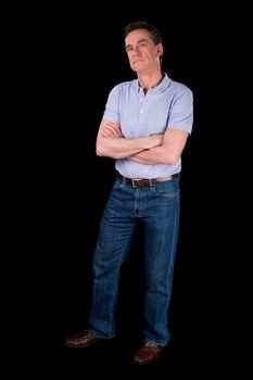 Grumpy Frowning Irritated Middle Age Man Arms Folded Black Background
