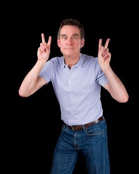 Middle Age Man Pulling Face Making Two Finger Sign Black Background