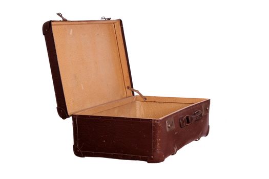 opened aged brown suitcase