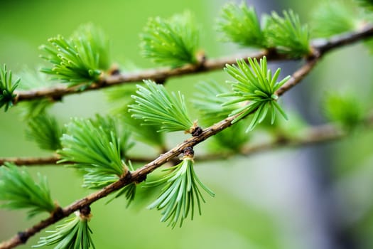 Young spruce branch macro with a green blur background