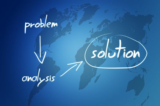 concept of analysis solving problems and result in solution - on blue background with world map