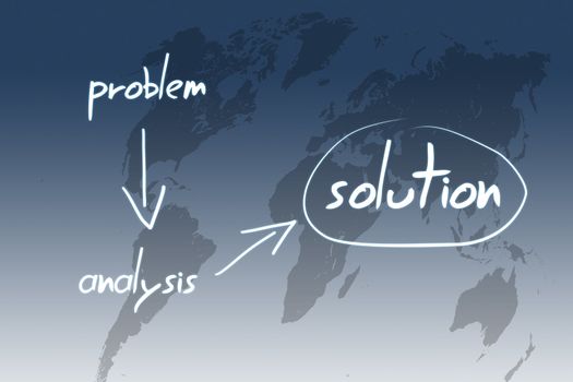 concept of analysis solving problems and result in solution - on blue background with world map