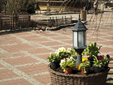 European City Empty Street With Spring Flower Bed
