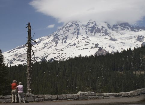 Tourist Looking at Mount Rainier, National Park, Washington, Northwest