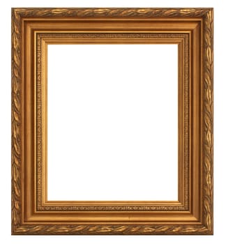 Old picture frame, gold on white background.