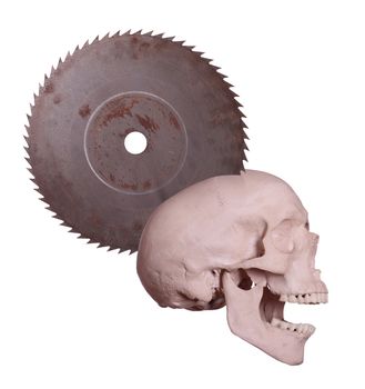 screaming skull with old rusty saw