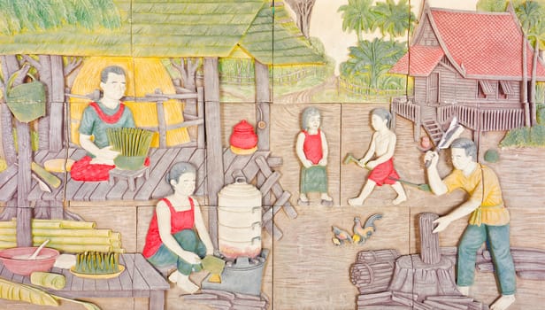 Thai art in old native life represent on clement carve