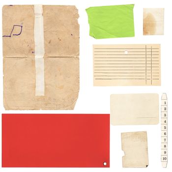 Set of old paper sheets and card isolated on white background