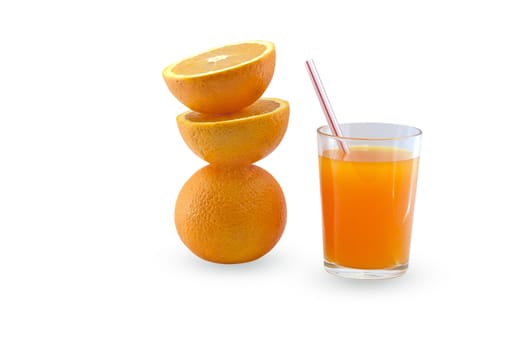 Glass of orange juice on a white background.