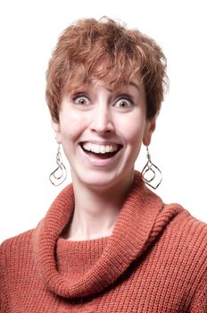 smiling short hair girl cold with orange sweater on white background