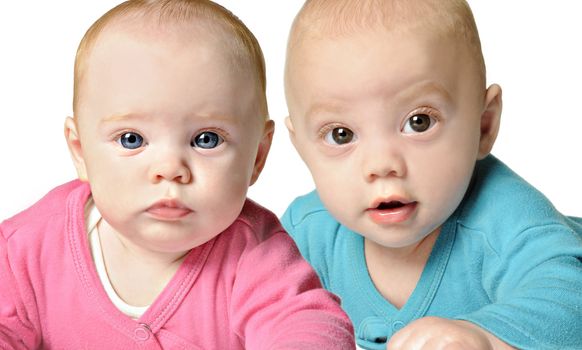 Twin boy and girl on white background