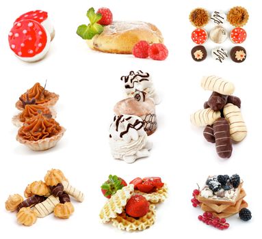 Collection with Biscuits, Strawberry Jelly Cakes, Nougat Caramel Tarts, Waffles and Muffin with Berries, Eclairs and Profiteroles isolated on white background