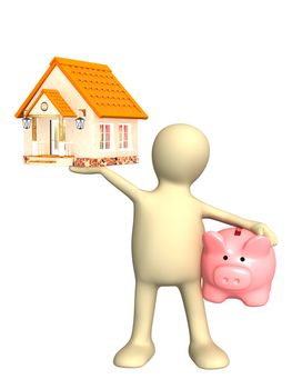 Puppet with piggy bank and house. Isolated over white