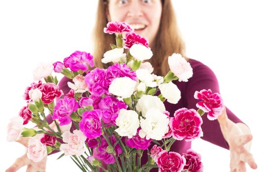 Woman getting beautiful  bunch of dianthus caryphyllus