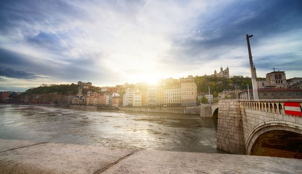 Lyon city in France along the saone river and famous Fourviere cathedral