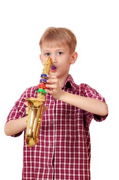boy play saxophone on white background 