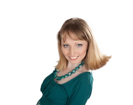 beauty portrait of a blonde in a green dress isolated on white background