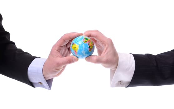 two businessmen holding a globe, concept of global cominications isolated on white