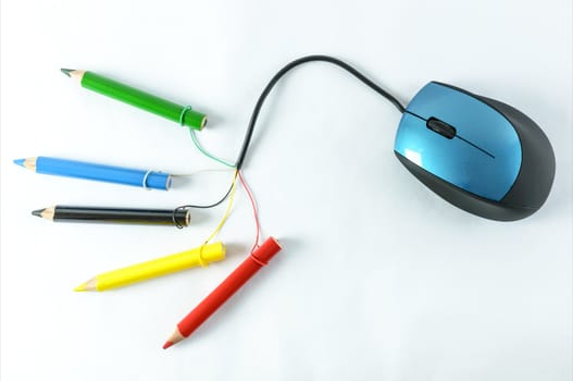 mouse with broken cable and colored pencils