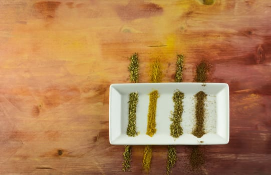 four spices on white plate:oregano, curry, majoran, paprika