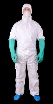 Man in full protective hazmat suit isolated on a black background