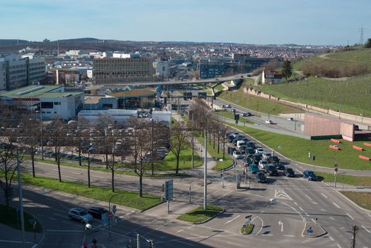 STUTTGART, GERMANY - April 14, 2013: Traffic at the Pragsattel intersections in Stuttgart, Germany on April 14, 2013. Pragsattel is an important traffic node in Stuttgart with more than 110.000 cars passing each day, facing regular traffic jams.