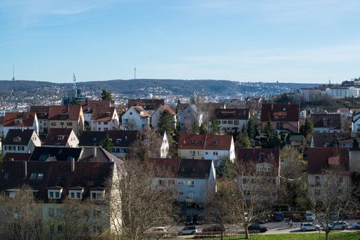 STUTTGART, GERMANY - April 14, 2013: Posh residential area KIllesberg in Stuttgart, Germany on April 14, 2013. The Killesberg area is one of the most expensive areas in Stuttgart due to its great sight onto the different areas of Stuttgart, including the famous tv tower in the background.