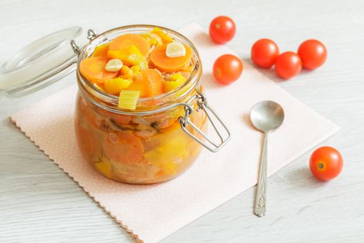 Home-made vegetables ragout in the glass jar