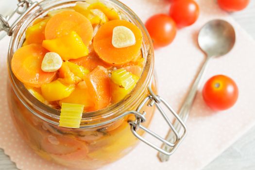 Stewed homemade vegetables in the glass jar