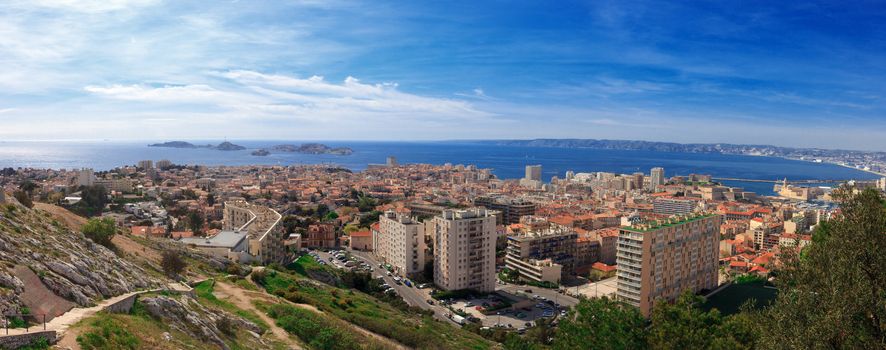 Panoramic aerial view on bay Marseille from mountain, France