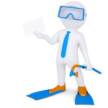 3d white man with flippers holding a white card. Isolated render on a white background