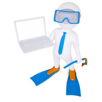 3d white man with a laptop in flippers. Isolated render on a white background