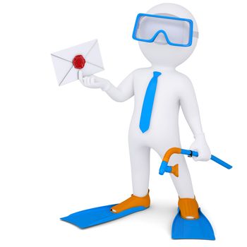 3d white man with flippers holding an envelope. Isolated render on a white background