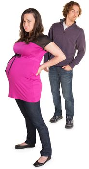 Moping pregnant woman with naive man with hands in pockets