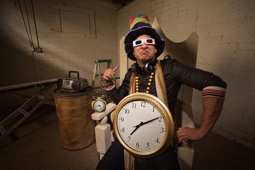 Pouting rapper in throne with large hat and clock