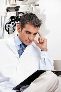 Serious male optometrist reading a document with concentration at his clinic
